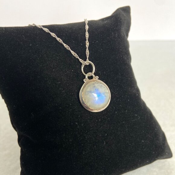Sterling Silver 925 Baroni Round Moonstone Cabochon Pendant Necklace 18" Chain - Picture 8 of 16